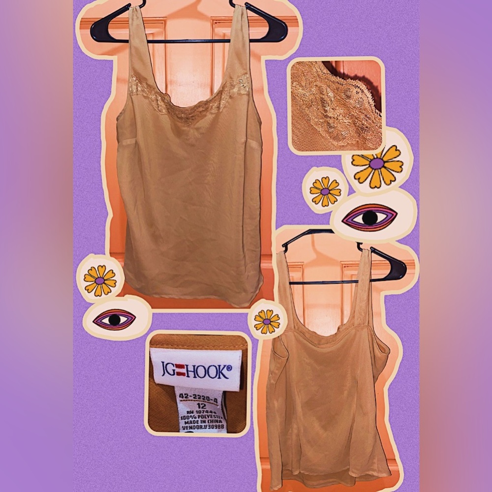 Tan vintage 90s slip top with lace detailing and thick straps